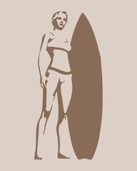 Wall Mural - woman posing with surfboard. monochrome silhouette. vintage surfing graphic and emblem for web desig
