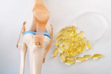 Joint health, healthy omega 3 fatty acids and reduce arthritis inflammation concept with plastic medical teaching model of a human knee and fish oil pills isolated on white background