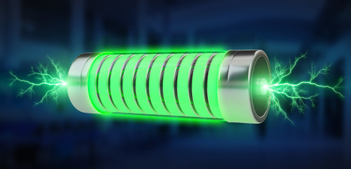 Poster - Green battery with lightnings 3D rendering