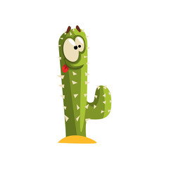 Poster - Creen cactus character with big eye, succulent plant with funny face vector Illustration on a white background