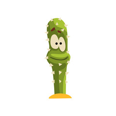 Poster - Cactus character, succulent plant with funny face vector Illustration on a white background