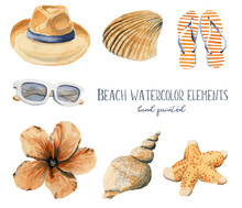 Hand Drawn Watercolor Illustration Beach Set Of Objects Hat Seashell Shell Flip Flops Sandals Hibiscus Flower Sunglasses Orange And Blue