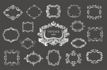 Wall Mural - Set of silver vintage floral frames and monograms.