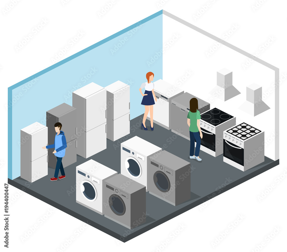 Isometric 3D vector illustration computer store and hardware store ...
