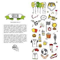  Hand drawn doodle Soccer set Vector illustration Sketchy sport traditional icons Cartoon typical football elements collection Football ball, cleats, goal, trophy, whistle, gloves, boots isolated