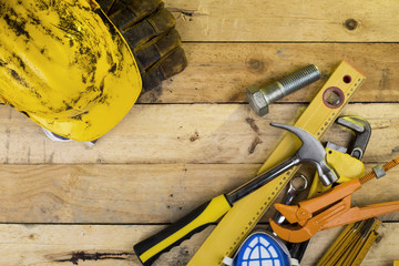 Canvas Print - hand tools and helmet top view