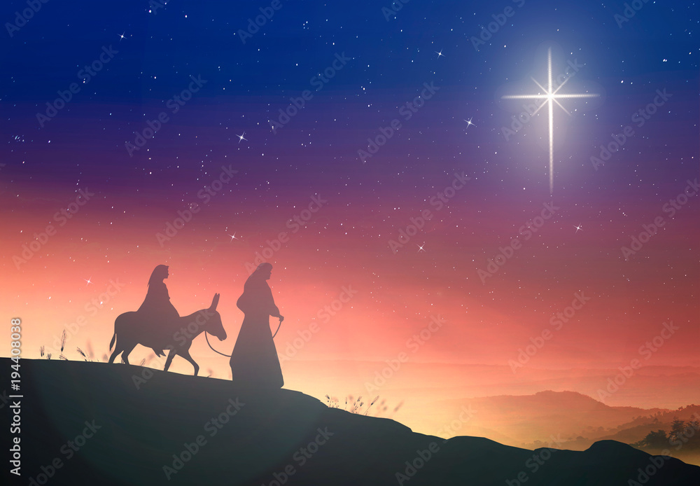 Christmas religious nativity concept: Silhouette pregnant Mary and Joseph with a donkey on star of cross background - obrazy, fototapety, plakaty 