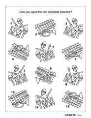 IQ training find the two identical pictures with toy musical instruments visual puzzle and coloring page. Answer included.
