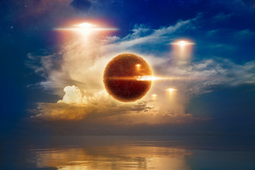 Poster - Glowing red UFOs fly above sea, extraterrestrial spherical life form