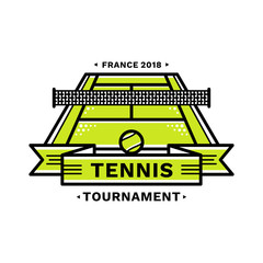 Wall Mural - Tennis tournament emblem, illustration, logotype, modern line style, green color, on a white background. Tennis court with ribbons below.