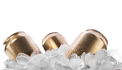 Canvas Print - Cans of beer in ice on white background