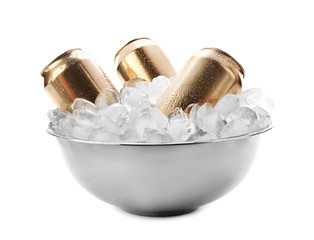 Wall Mural - Bowl with cans of beer in ice on white background