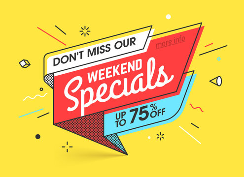 weekend specials, sale banner template in flat trendy memphis geometric style, retro 80s - 90s paper
