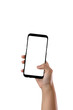 © ukimurakung - Hand holding cell phone blank on white screen and white background