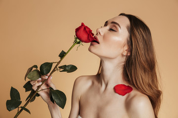 Canvas Print - Portrait of a shirtless sexy young girl with long brown hair