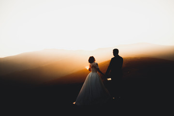 Wedding couple posing on sunset at wedding day. Bride and groom in love