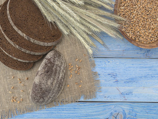 homemade bread on a wooden blue background. 