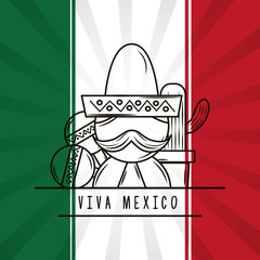 Poster - viva mexico man with mustache hat maracas and potted cactus mexican flag background vector illustration