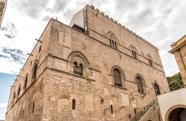 Wall with Mullioned windows with lava stone inlays of the Palace Steri Chiaramonte, Palermo, Sicily, southern Italy