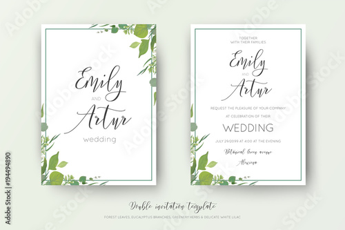 Wedding floral watercolor style double invite, save the date card design. For...