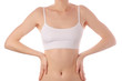 © Kabardins photo - Young beautiful woman in white t-shirt top bra hand on waist belly health beauty