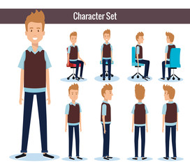 Poster - businessmen posing on office chair and stand vector illustration design