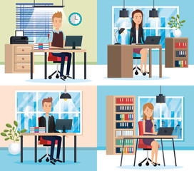 Sticker - people working in the office vector illustration design