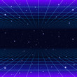 Retro neon background with 80s styled laser grid and stars