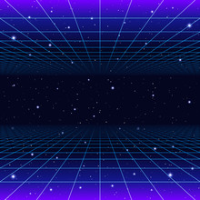 Retro Neon Background With 80s Styled Laser Grid And Stars