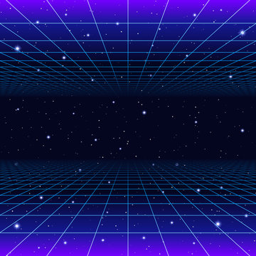 retro neon background with 80s styled laser grid and stars