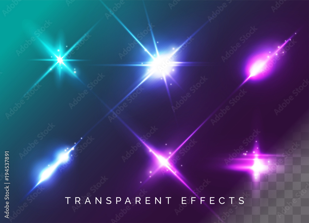 Set of Transparent Light Effects. Vector Neon Flare. Futuristic Glow Effect for Button, Game Interface Design. Energy Universe Aura, Vibrant Radiance, Disco Glare, Space Explosion, Illuminated Stage. - obrazy, fototapety, plakaty 