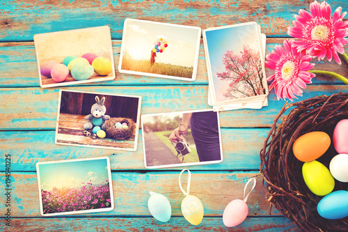 Fotografie, Obraz Photo album in remembrance and nostalgia of Happy easter day on wood table backgroud