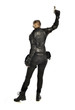 © faestock - full length portrait of female  soldier wearing black  tactical armour, holding a gun, isolated on white studio background.