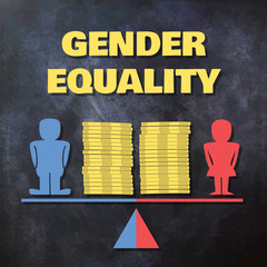 Gender equality concept illustration - male and female figures standing on a scale with piles of coins