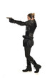 © faestock - full length portrait of female  soldier wearing black  tactical armour, holding a gun, isolated on white studio background.