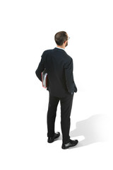 full body portrait of businessman with folder on white