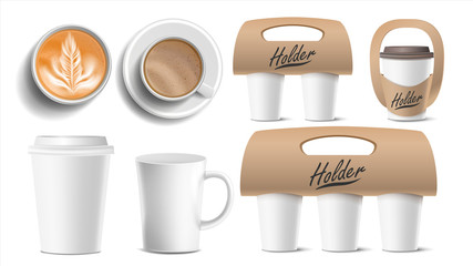 Poster - Coffee Packaging Vector. Cups Mock Up. Ceramic And Paper, Plastic Cup. Top, Side View. Cups Holder For Carrying, One, Two, Three Cups. Hot Drink. Take Away Cafe Coffee Cups Holder Mockup. Isolated