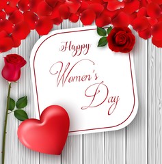 Wall Mural - 8 March. International happy women's day greeting card. Flower roses. Red heart. White paper space for text. Red petal. Wood background