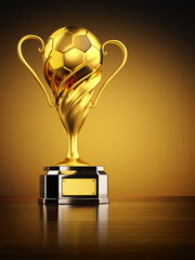 Gold trophy as championship award, football winner cup with golden soccer ball on yellow background