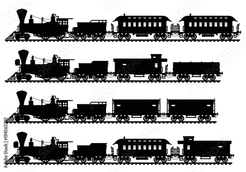 Black silhouettes of vintage american steam trains - Buy ...
