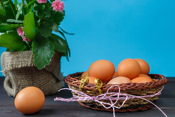 Eggs of brown chicken on blue background with copy space in rustic vintage style