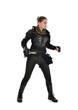 © faestock - full length portrait of female  soldier wearing black  tactical armour, holding a remote knife, isolated on white studio background.