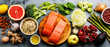 Healthy food clean eating selection: fish, fruit, vegetable, cereal, leaf vegetable on gray concrete background copy space