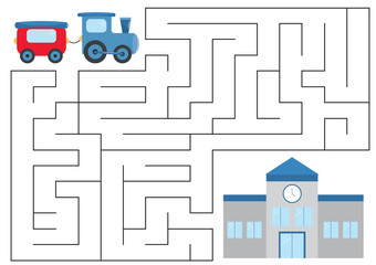 Wall Mural - Educational maze game for preschool kids. Help the train find right way to railway station. Vector illustration.