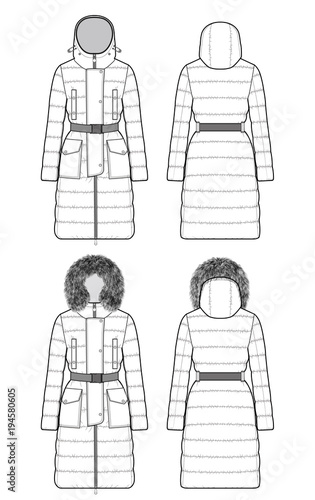 Moncler jacket padding fashion flat technical drawing template Stock ...