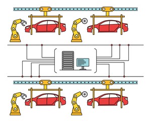 Wall Mural - Thin line style car assembly line. Automatic auto production conveyor. Robotic car machinery industry concept. Vector illustration.