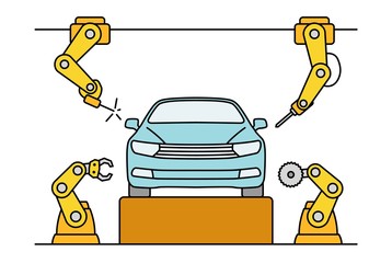 Wall Mural - Thin line style car assembly line. Automatic auto production conveyor. Robotic car machinery industry concept. Vector illustration.