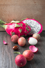 Canvas Print - exotic fruits lychees and dragon fruit