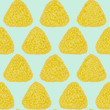 Turmeric rice onigiri. Seamless pattern. Asian snack. Japanese rice ball background. Lunch texture. Triangle rice balls colored with yellow turmeric powder. For decoration, web page or pattern fills.