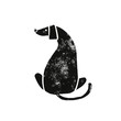 Linocut black-white dog with big ears sitting back. hound